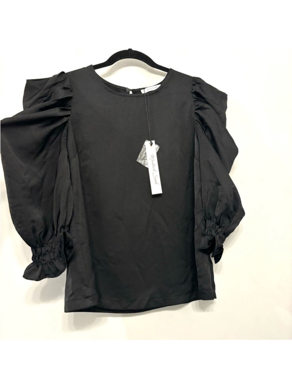 Mustard Seed Black Puffy Sleeve Satin Blouse  Top Women’s Size  S‎
